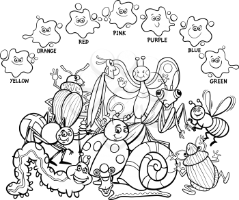 Black and white cartoon illustration of primary basic colors educational page for children with insects animal characters coloring book school edition