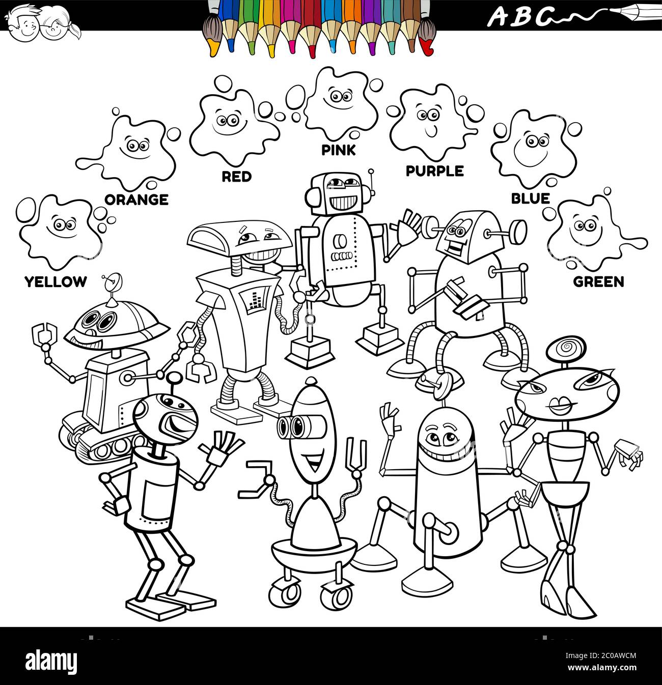 Black and white educational cartoon illustration of basic colors with robots and droids characters group coloring book page stock vector image art