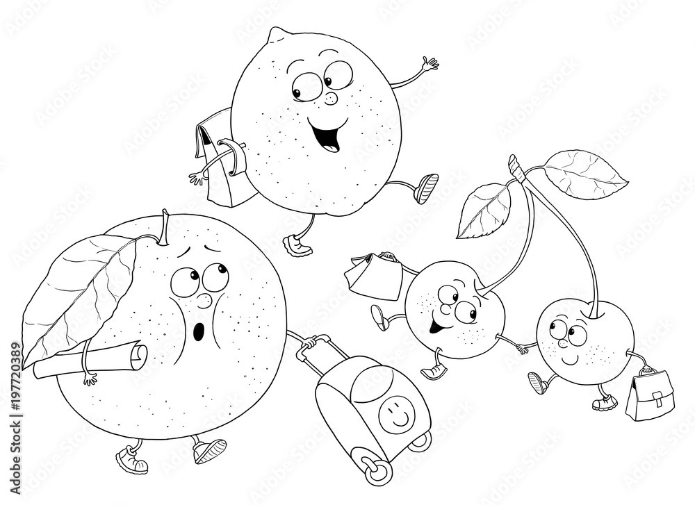 Funny fruits orange lemon cherry coloring page coloring book cute cartoon characters isolated on white background illustration