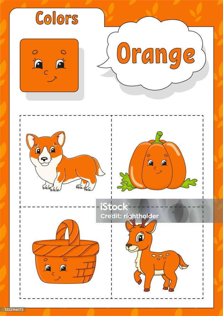 Learning colors orange color flashcard for kids cute cartoon characters picture set for preschoolers education worksheet vector illustration stock illustration