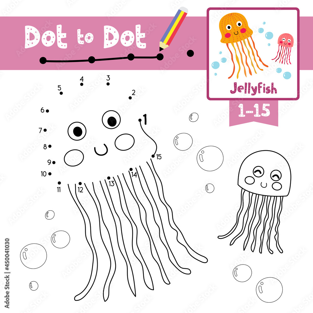 Dot to dot educational game and coloring book pink and orange jellyfish animal cartoon character vector illustration vector