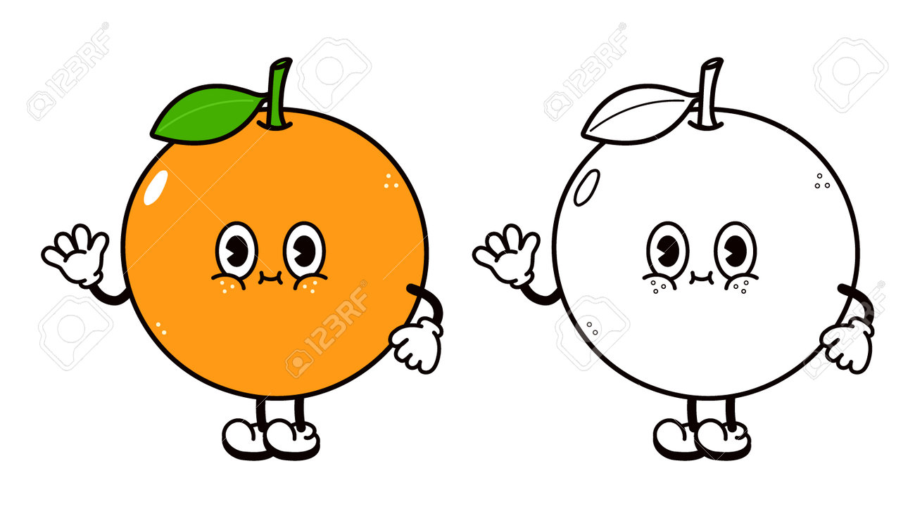 Cute funny orange fruit waving hand character outline cartoon illustration for coloring book vector hand drawn traditional cartoon vintage retro icon happy orange fruit character concept royalty free svg cliparts vectors and