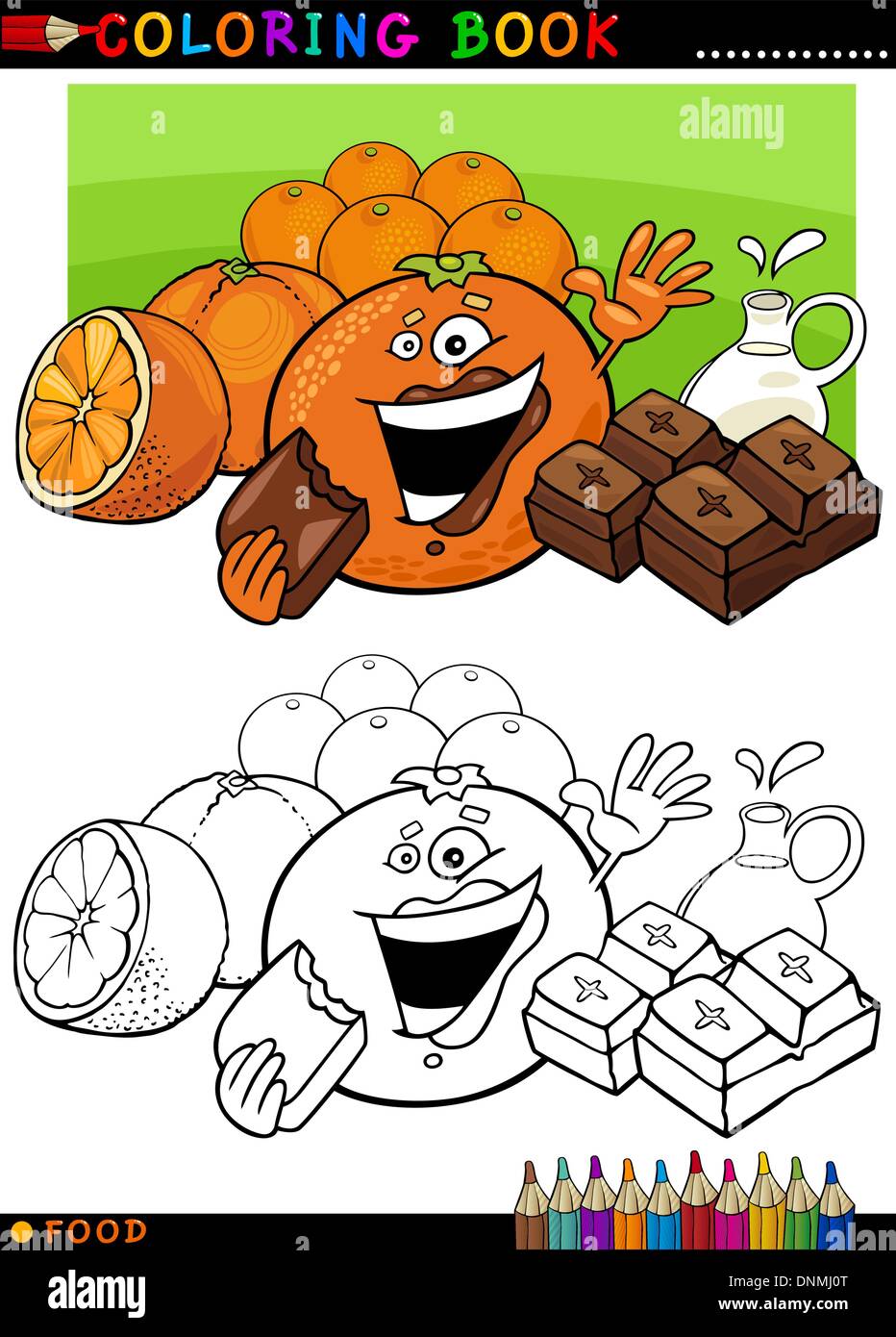 Coloring book or page cartoon illustration of funny food characters oranges and chocolate pieces for children education stock vector image art