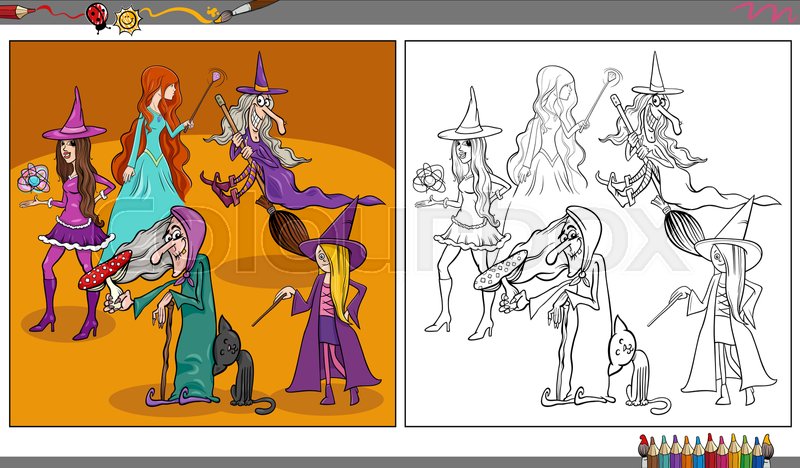 Ic witches fantasy characters group coloring page stock vector