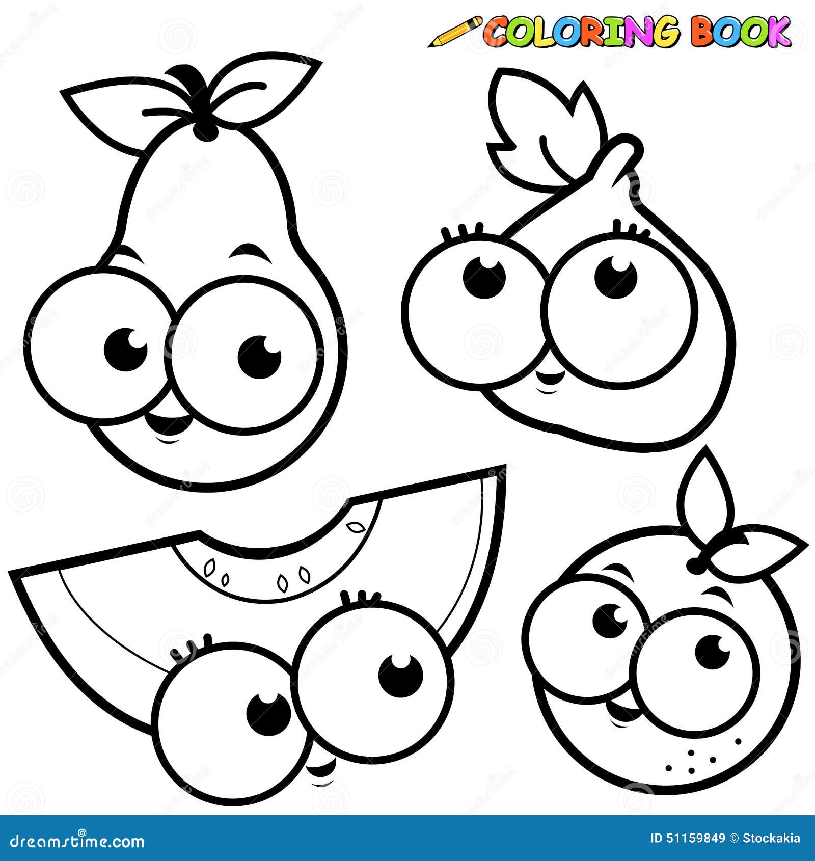 Cartoon fruit characters vector black and white coloring page stock vector