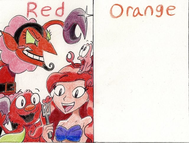 Had a lot of great characters suggested for red so i drew a few i ended up with him ariel with sebastian and elmo give me any orange themed cartoonanime characters to