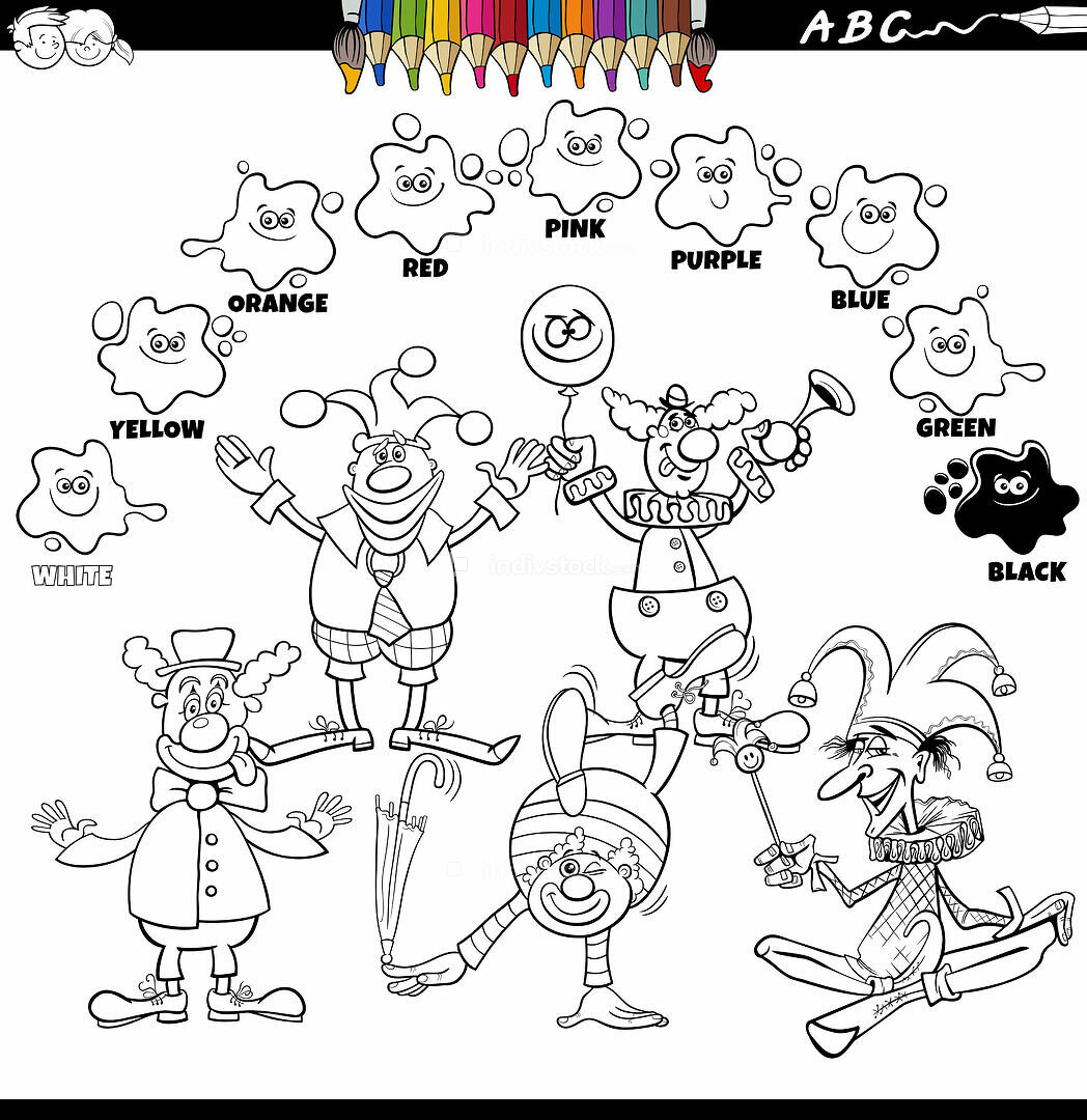 Black and white educational cartoon illustration of basic colors with clowns characters group coloring page