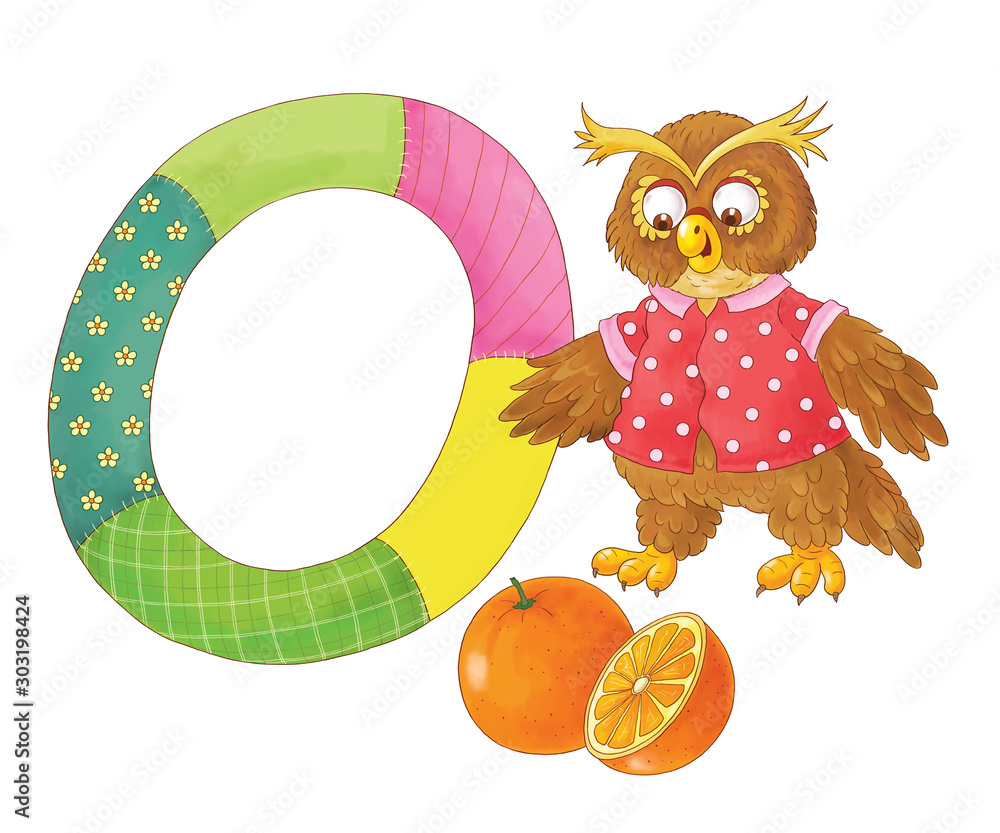 English alphabet abc capital letter o owl orange coloring book coloring page cute and funny cartoon characters isolated on white illustration