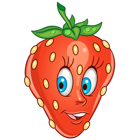 Cartoon strawberry icon fruit character for childrens coloring book labels patches or stickers