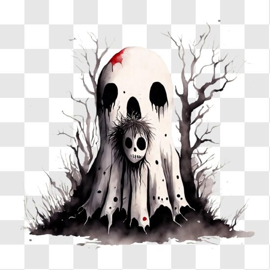 Download spooky ghost drawing with tree png online