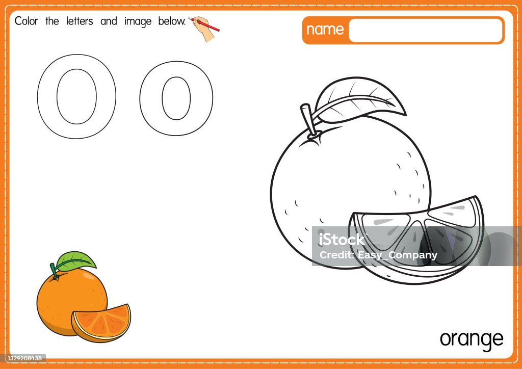 Vector illustration of kids alphabet coloring book page with outlined clip art to color letter o for orange stock illustration