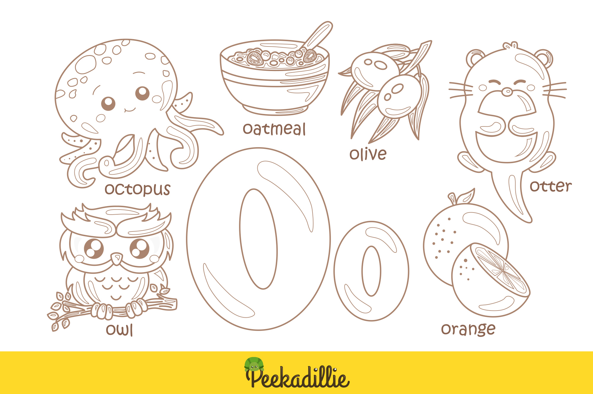 Alphabet o for vocabulary school letter reading writing font study learning student toodler kids cartoon orange octopus owl oven ox olive otter oyster onion oatmeal ostrich omelette digital stamp outline black and