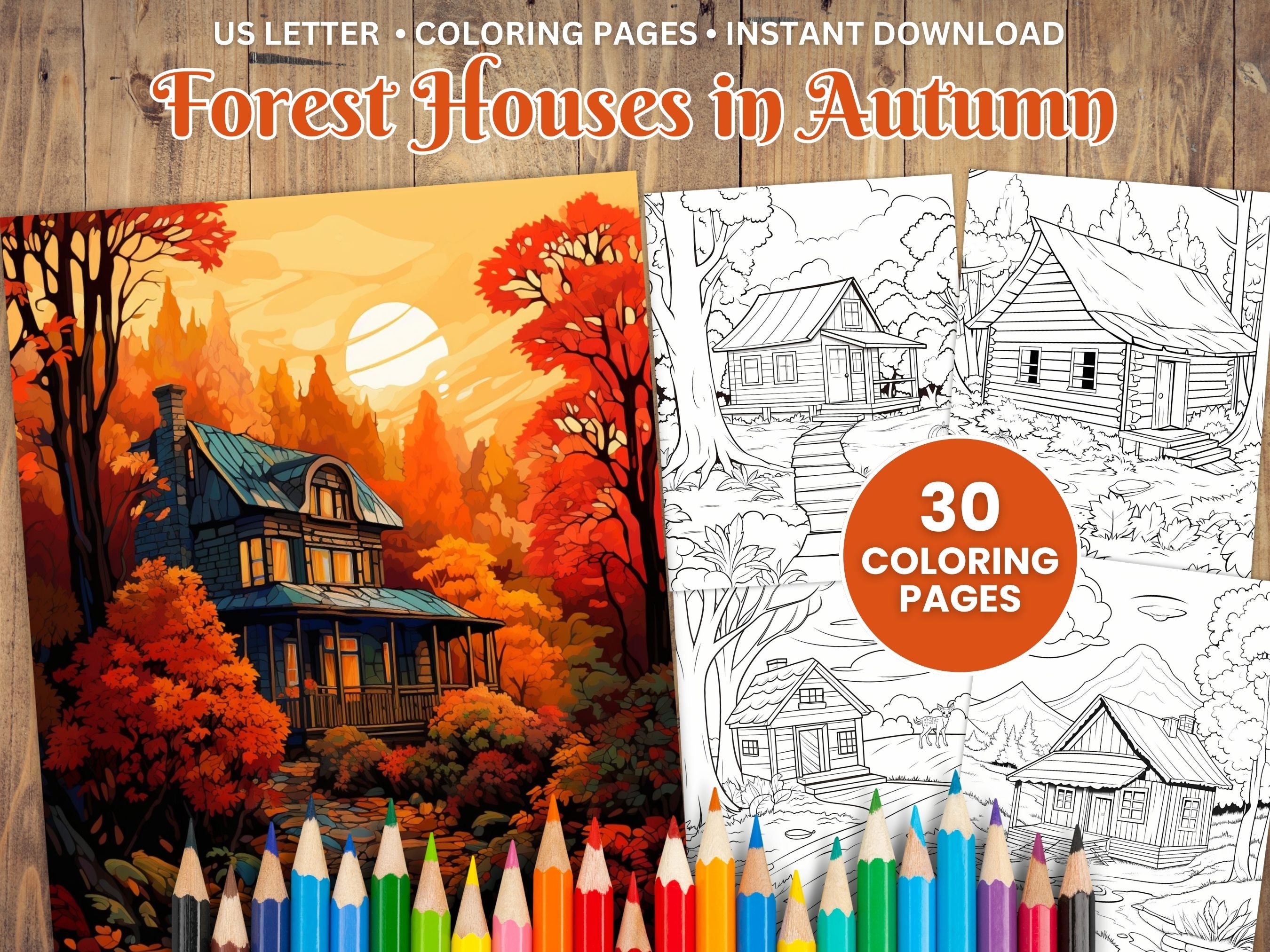 Printable forest house in autumn coloring pages autumn coloring book adults kids grayscale coloring instant download us letter