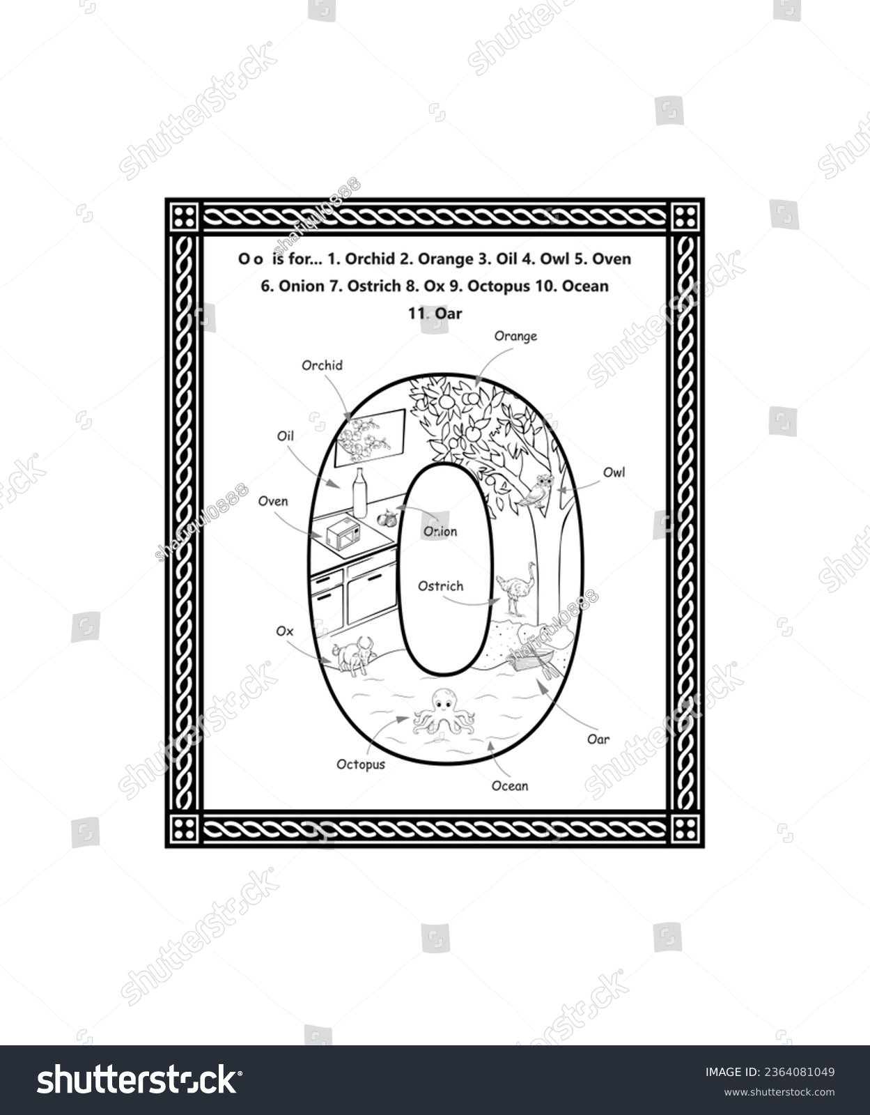 Alphabet o letter coloring page cartoon stock vector royalty free