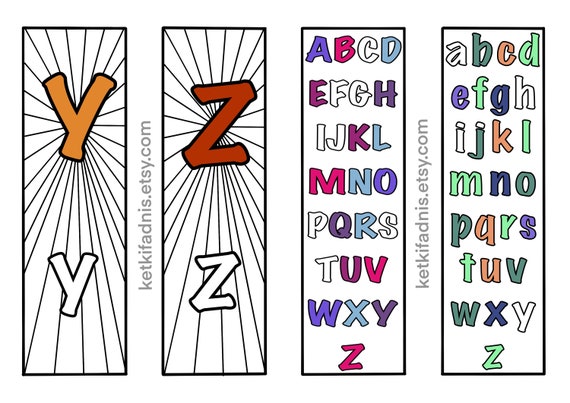 Y and z uppercase and lowercase alphabet letter coloring bookmarks bookmarks coloring page pdf digital download coloring page