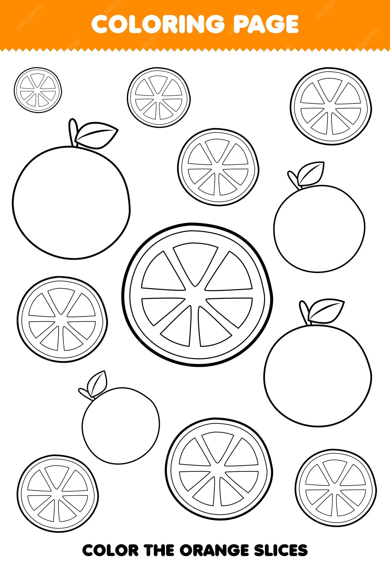 Premium vector education game for children coloring page of cute cartoon orange fruit line art printable worksheet