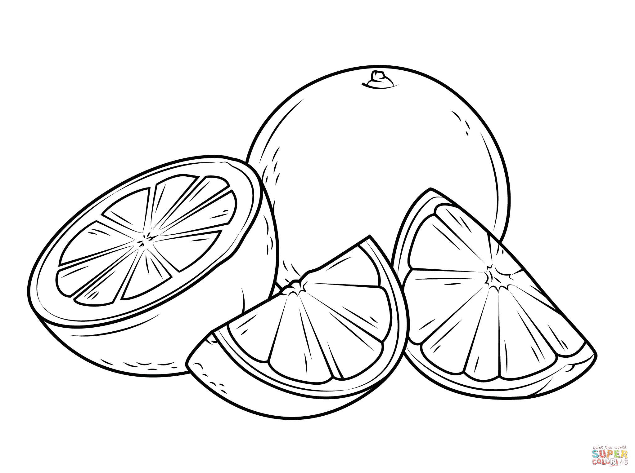 Two oranges one whole and the other cut it pieces coloring page free printable coloring pages