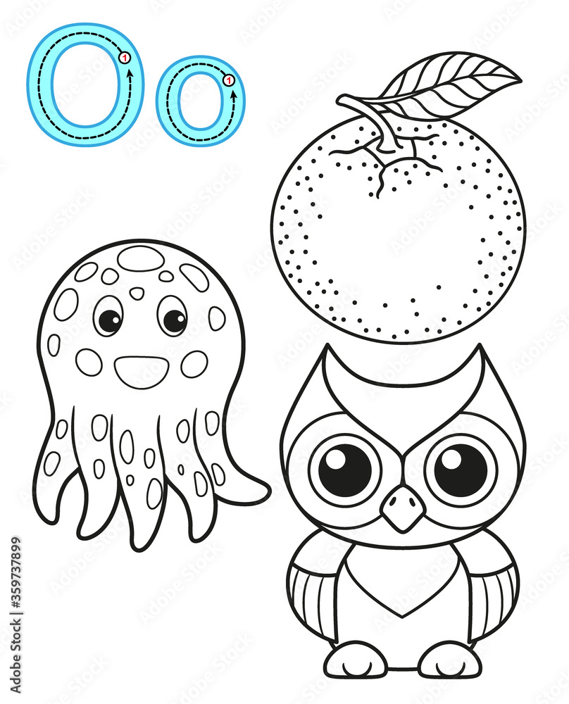 Printable coloring page for kindergarten and preschool card for study english vector coloring book alphabet letter o orange owl octopus vector