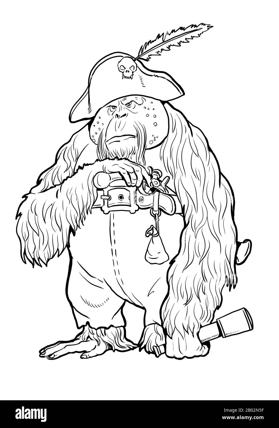 Orangutan with the pistol coloring page outline clipart illustration monkey and apes pirates coloring sheet stock photo