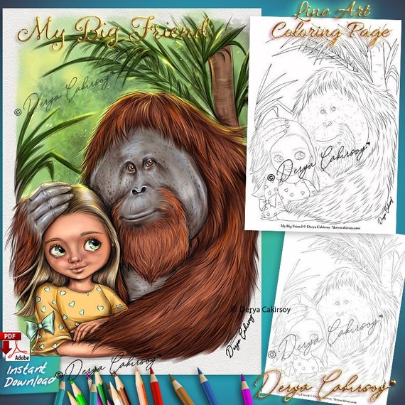 My big friend line art coloring page cute big eyed girl and her orangutan ape friend hugged illustration printable instant download pdf