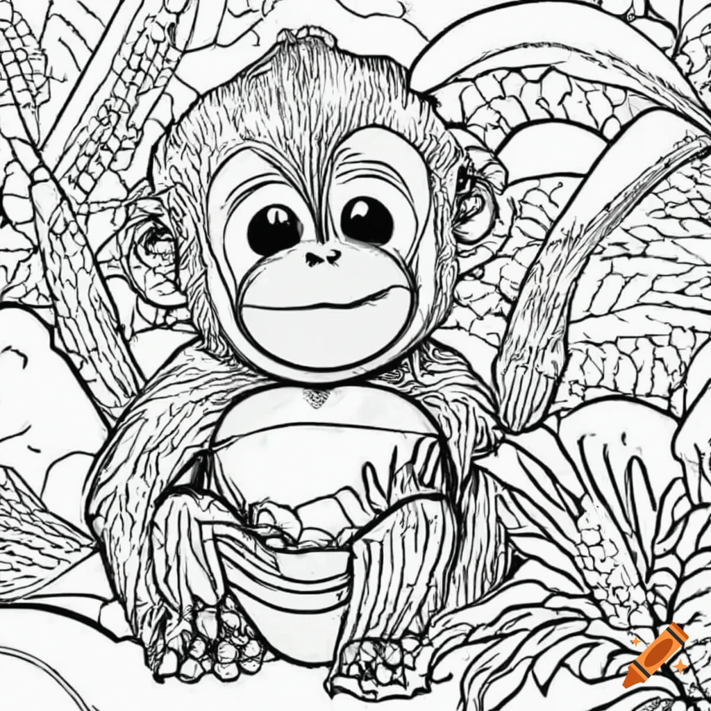 Coloring page of a cute orangutan in the jungle on