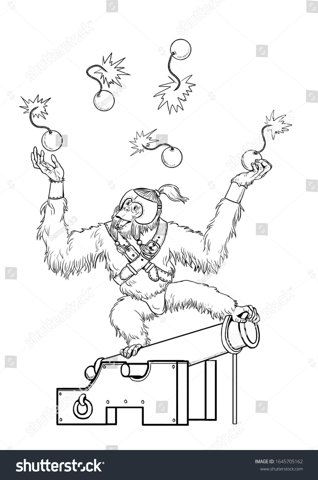 Orangutan on cannon coloring page outline stock illustration