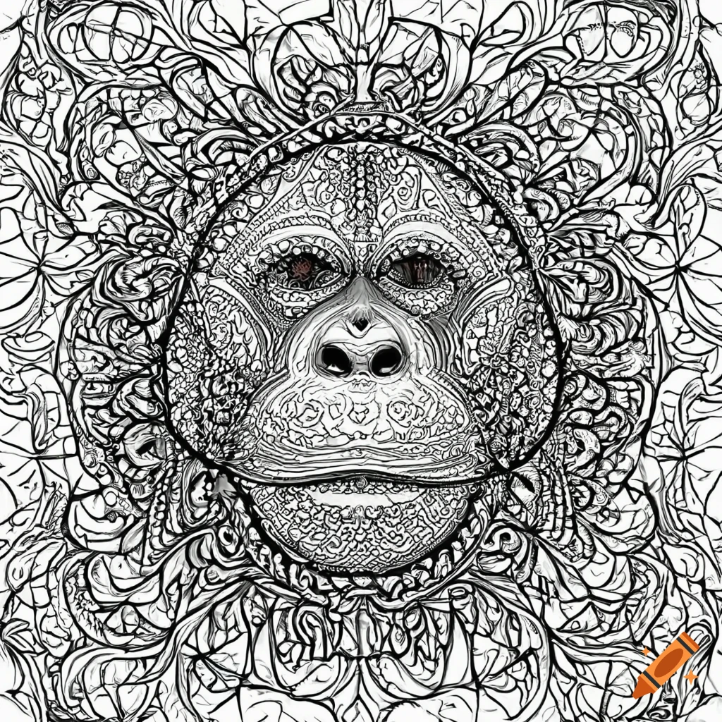 Coloring page for adults mandala orangutan image white background minimilastic clean line art fine line art