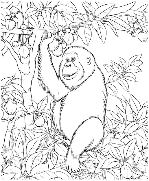 Premium vector orangutan climbing a fruit tree coloring pages