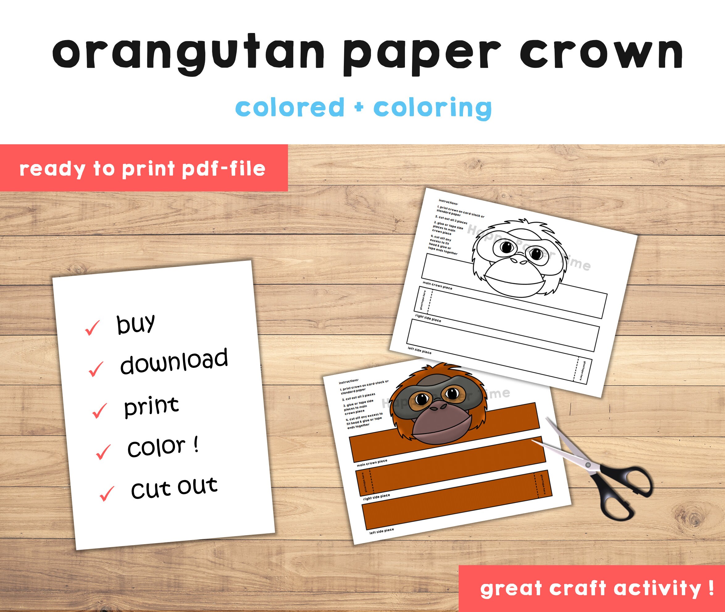 Orangutan paper crown party coloring printable kids craft jungle birthday decor printable favor pdf costume diy printable instant download