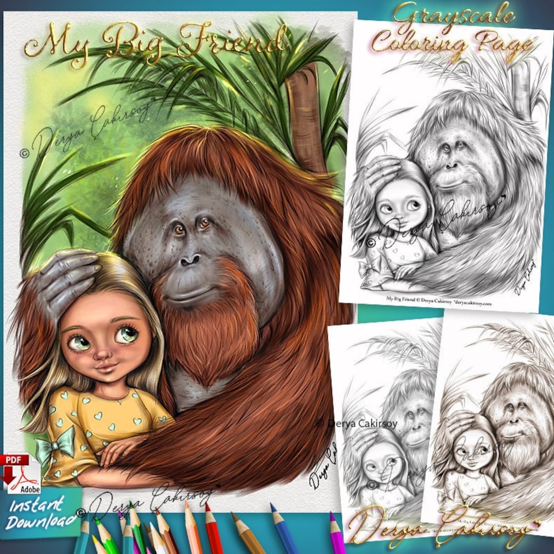 My big friend grayscale coloring page cute big eyed girl and her orangutan ape friend hugged illustration printable instant download pdf