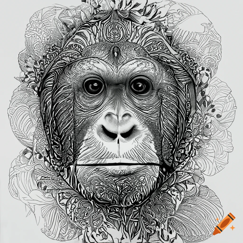 Coloring page for adults mandala monkey image sumatran orangutan white background clean line art fine line art