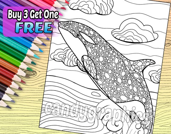 Orca whale adult coloring book page printable instant download