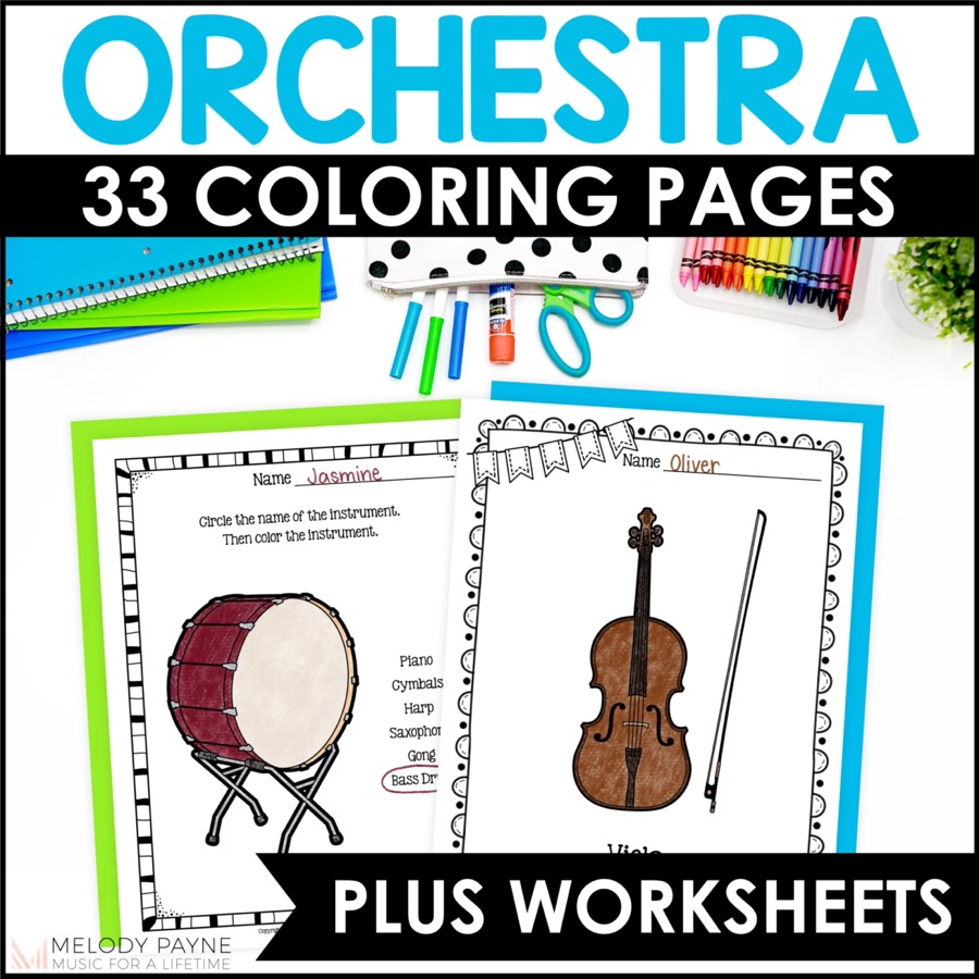 Orchestra instruments music coloring pages and worksheets for elementary music