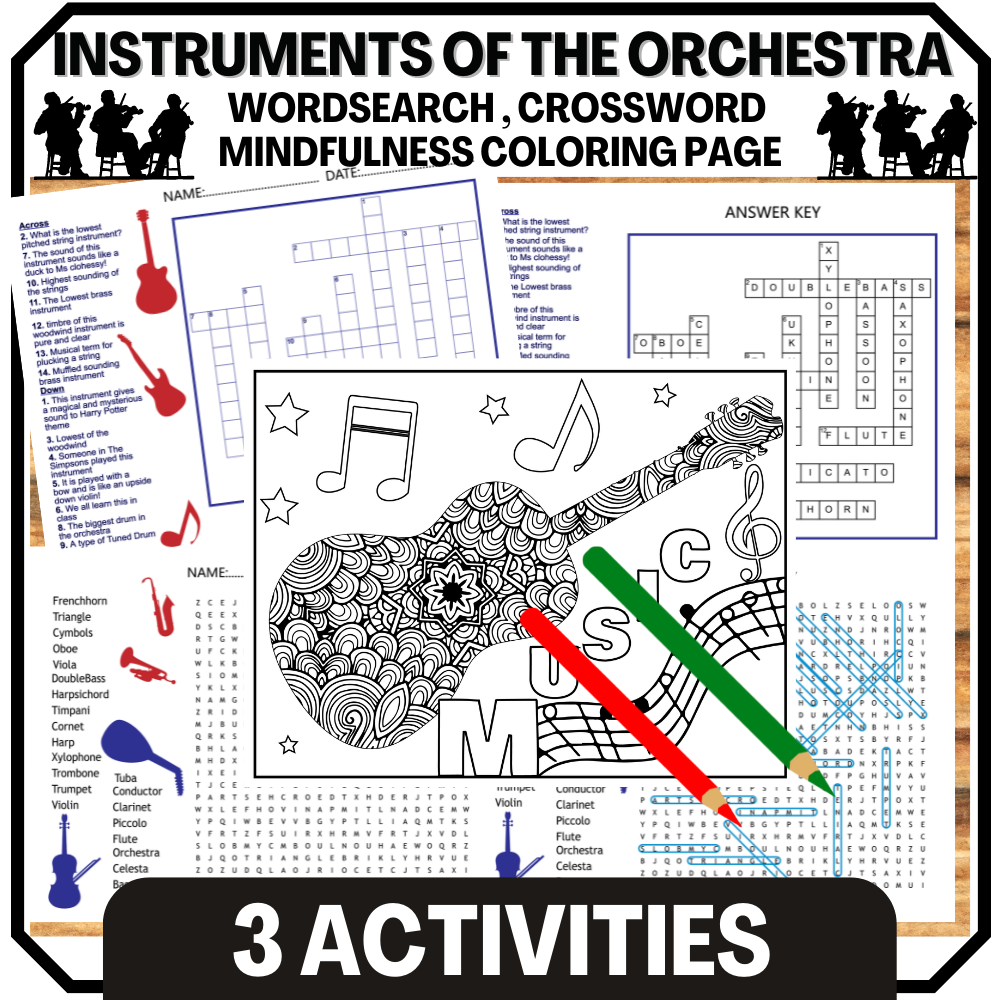 Instruments of the orchestra word search crossword and coloring page made by teachers