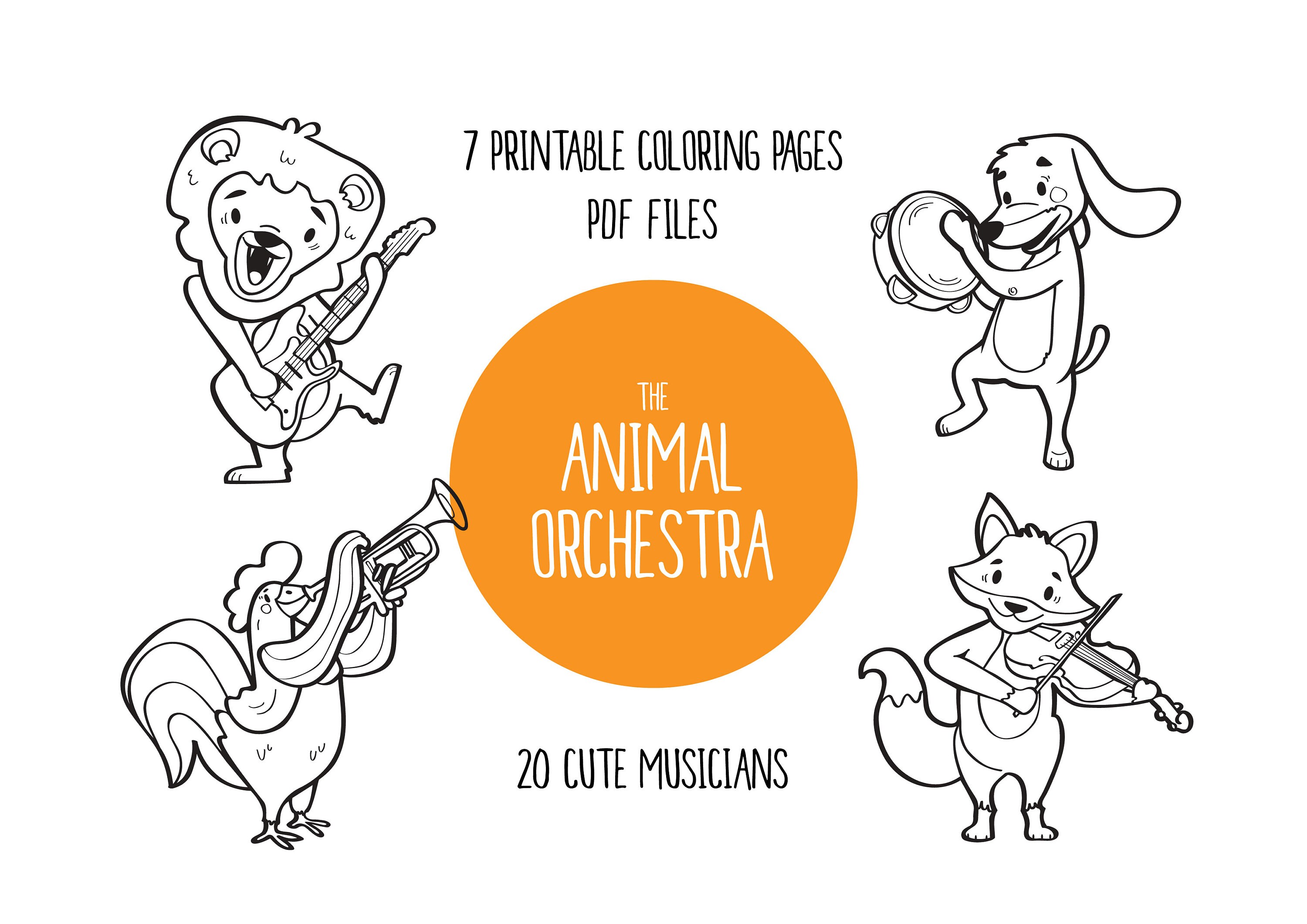 Printable coloring pages for kids with cute animal musicians