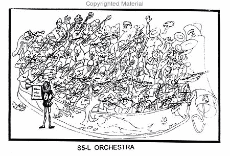 Pen ink drawing of an orchestra in a sardine can