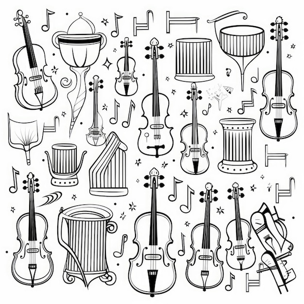 Premium ai image inspiring melodies a creative black and white coloring adventure with orchestra clipart and charmin