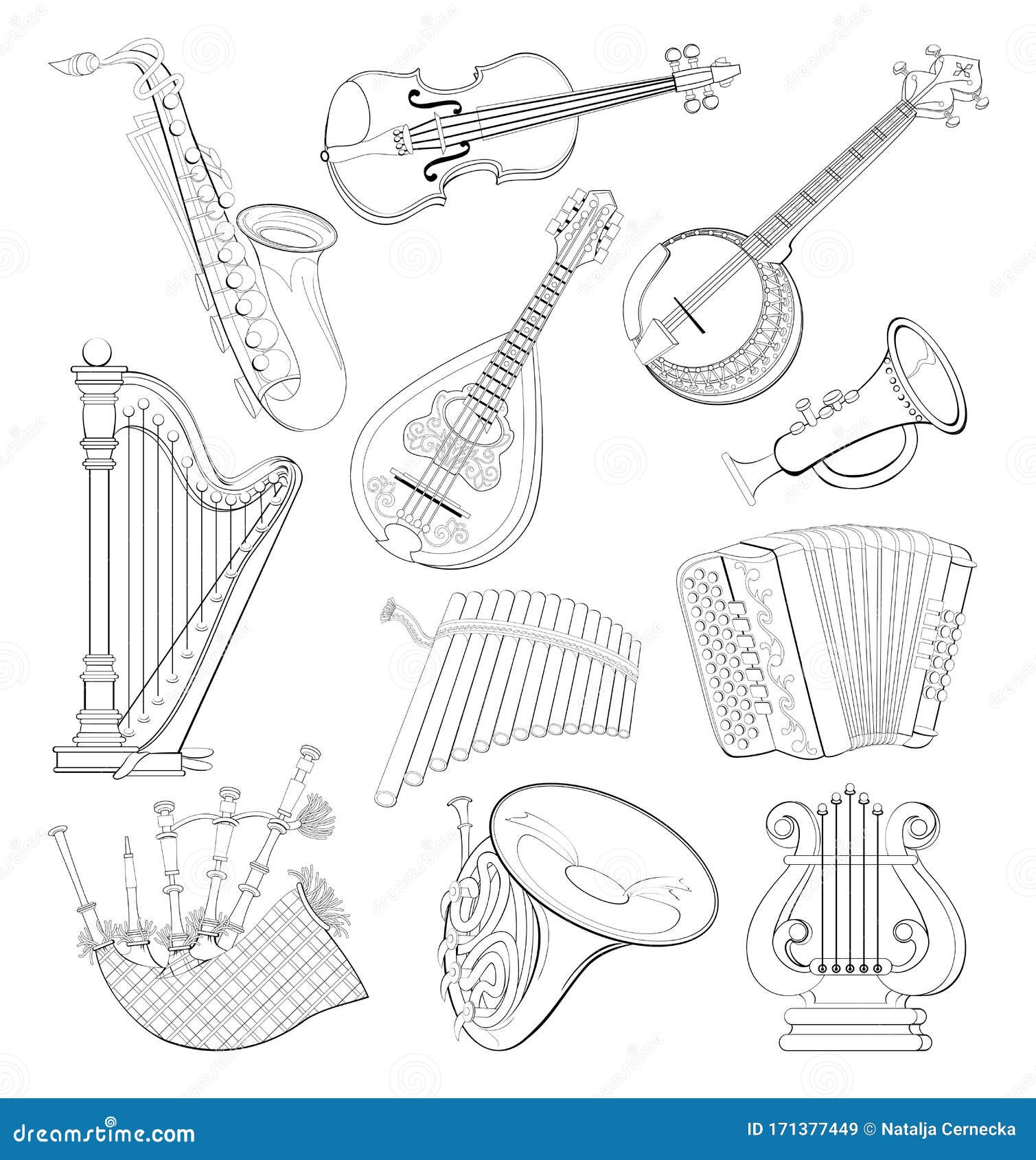 Set of different wind and stringed musical instruments black and white page for coloring book printable worksheet for children stock vector