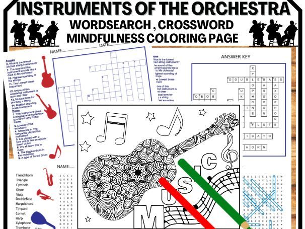 Instruments of the orchestra word search crossword and coloring page teaching resources