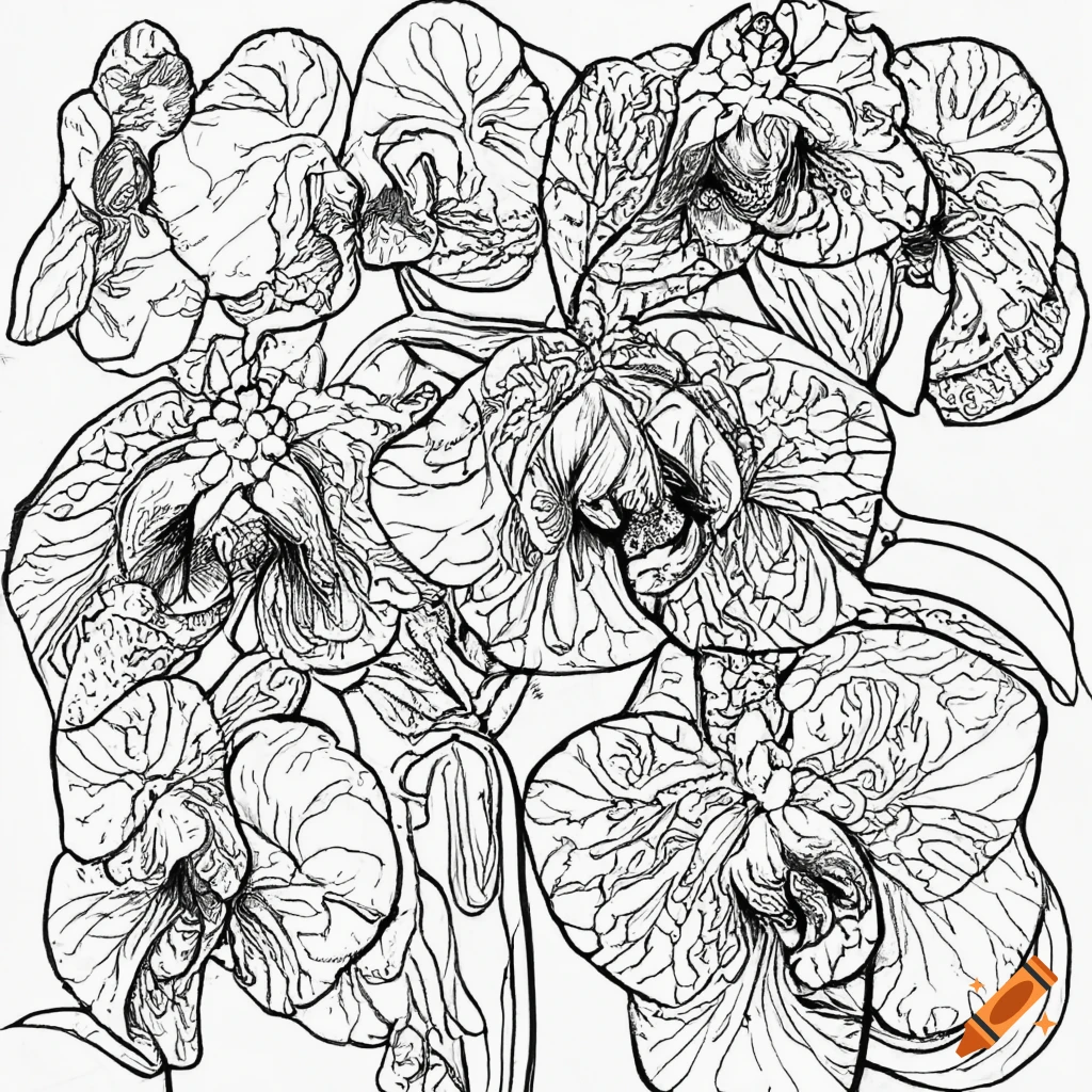 Black and white coloring book page filled with fantasy orchids illustration no shading black lines line art solid thick lines on