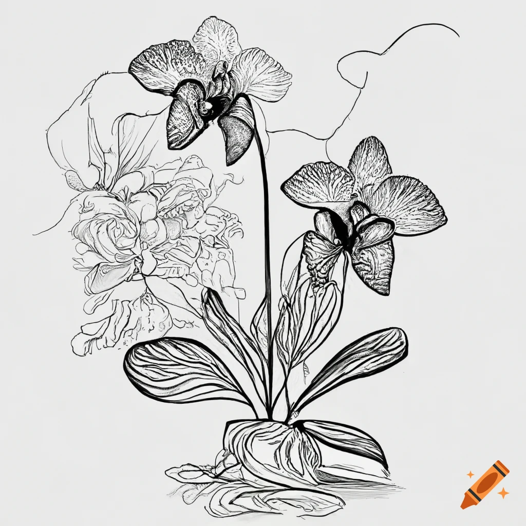 Black and white coloring book page filled with fantasy orchids illustration no shading black lines line art solid thick lines on