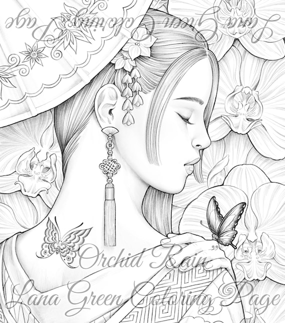 Orchid rain coloring page for adults grayscale coloring page instant download lana green art jpeg pdf