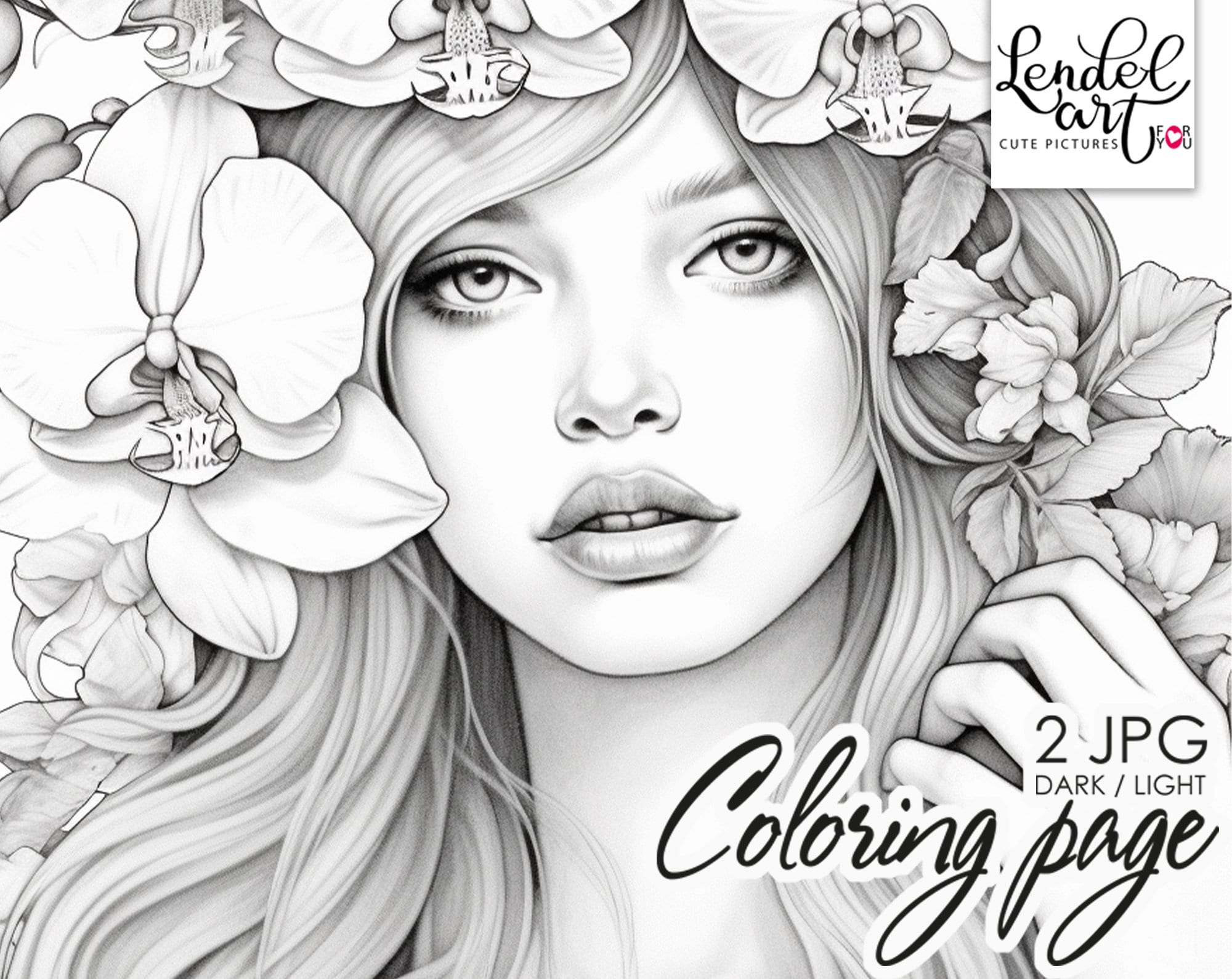 Black orchid coloring page for adults grayscale coloring page girl portrait instant download jpeg