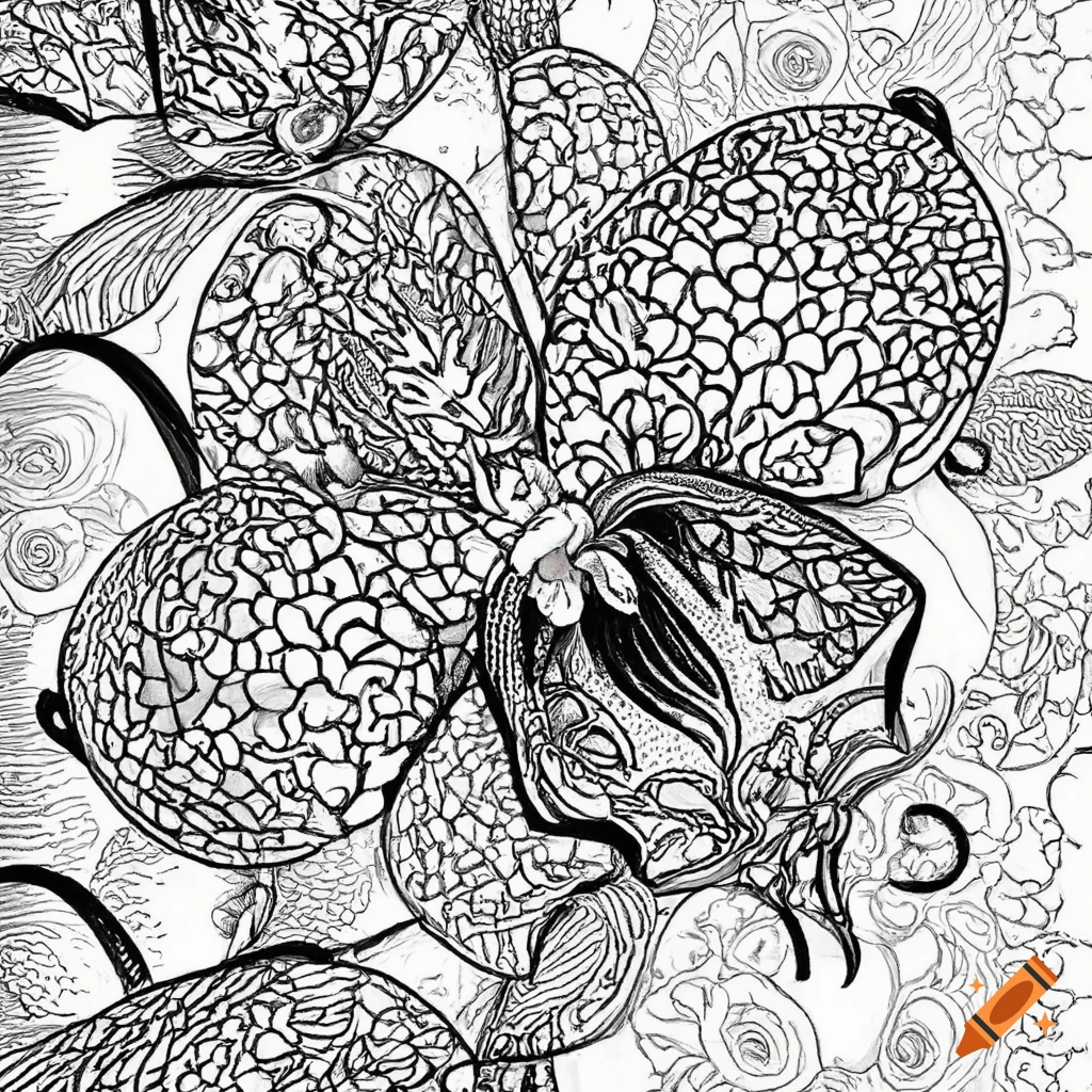 Black and white coloring book page filled with fantasy orchids illustration no shading black lines line art on