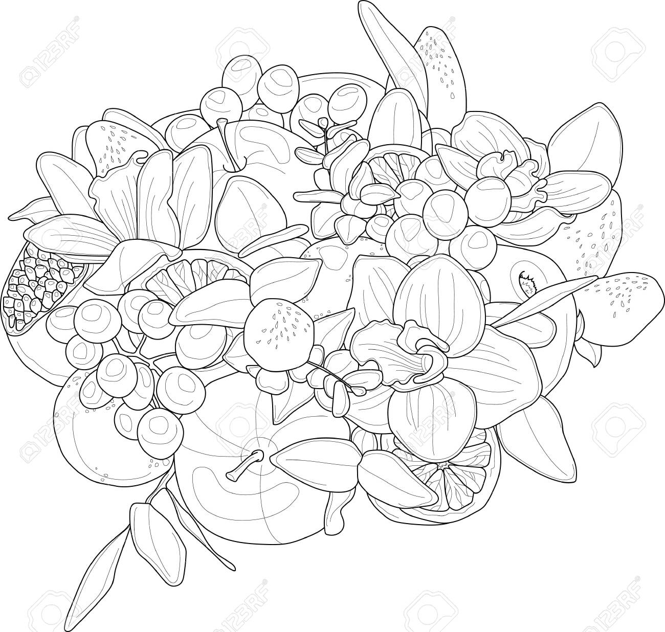 Realistic mix flowers and fruits bouquet with orchid sketch vector illustration in black and white for games background pattern decorprint for fabrics and other surfacecoloring paper page book royalty free svg cliparts