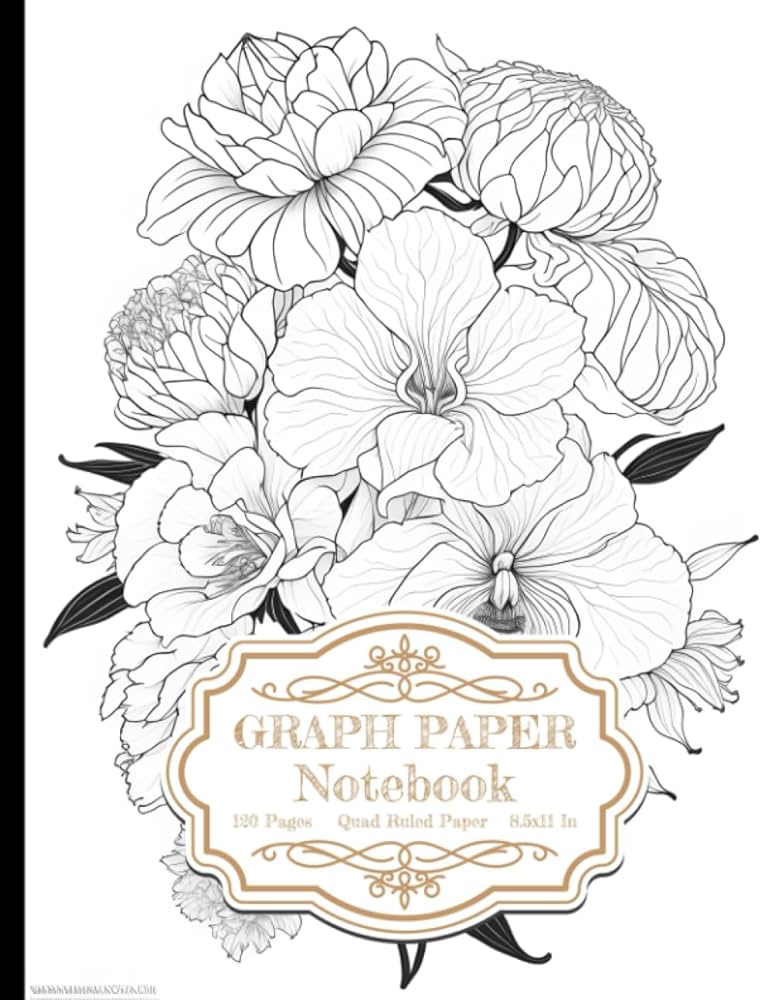 Graph paper notebook bouquet with orchid rnation iris hydrangea and peony clean line art high detail and photo