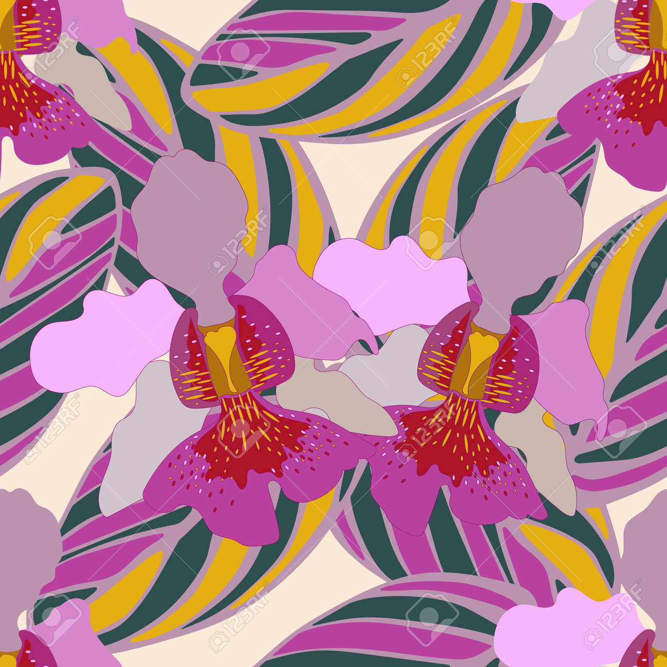 Seamless pattern of striped colored leaves and orchids vanda miss joaquim template for printing on textiles fabric bedding wrapping paper covers wallpaper coloring pages vector illustration royalty free svg cliparts vectors and