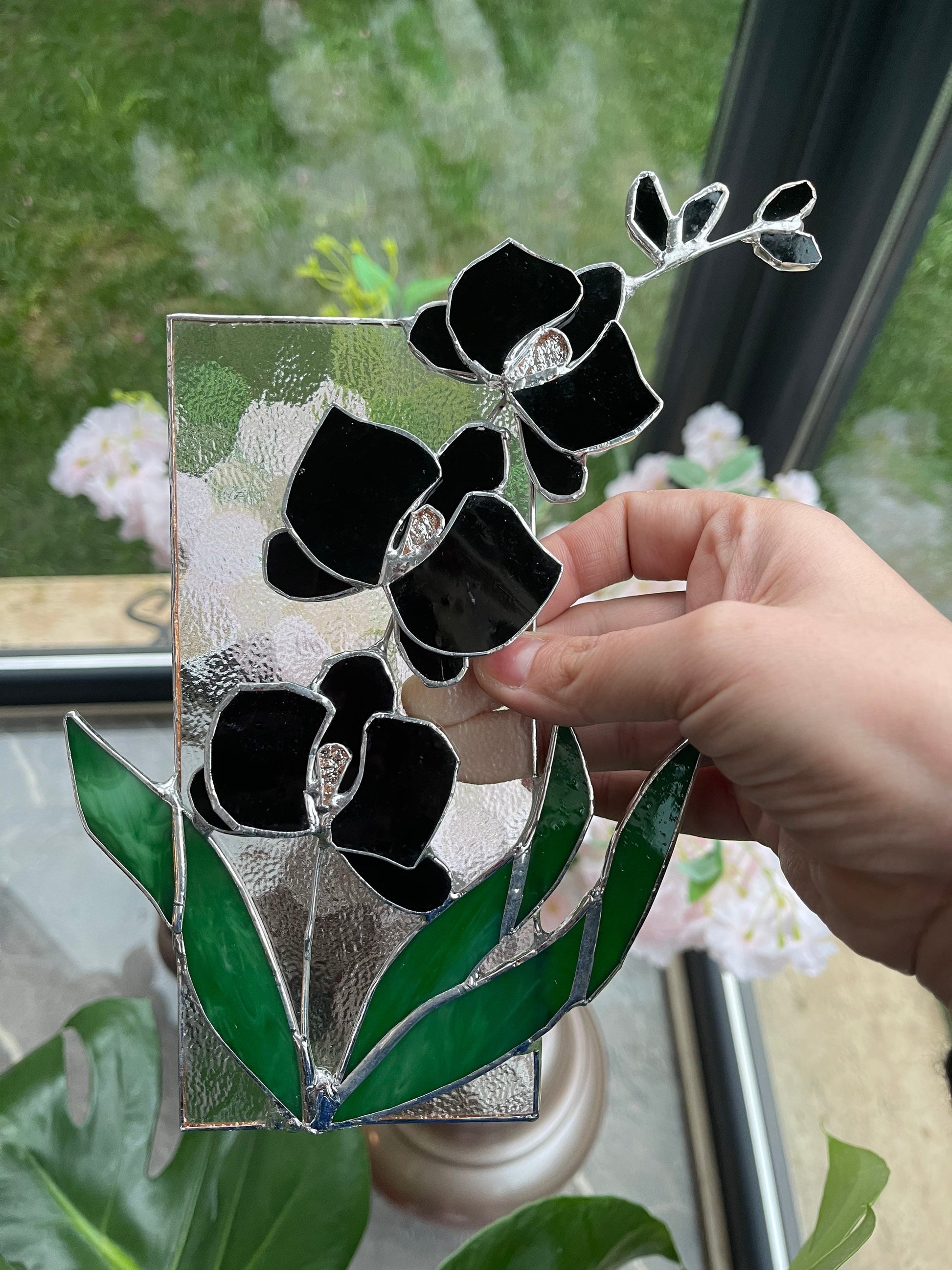 Stained glass flower panel with stand stained glass orchid suncatcher â s