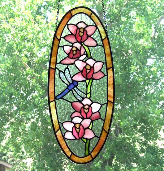 Orchid stained glass panel with dragnfly