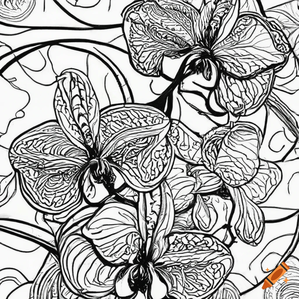Black and white coloring book page filled with fantasy orchids illustration no shading black lines line art on